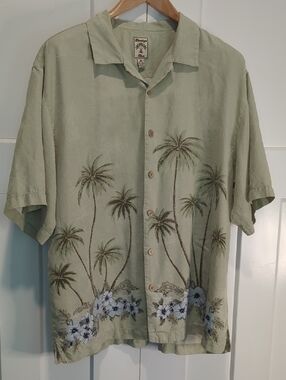 Montego Mon 100% Silk Mens Tropical Button Down Shirt Size L